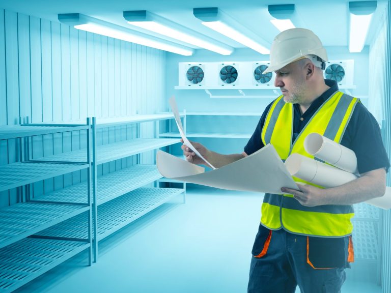 Expert cold room installation services and wrap around package A man in a hard hat and safety vest reviews plans in a newly fiited cool storage area with empty shelves.